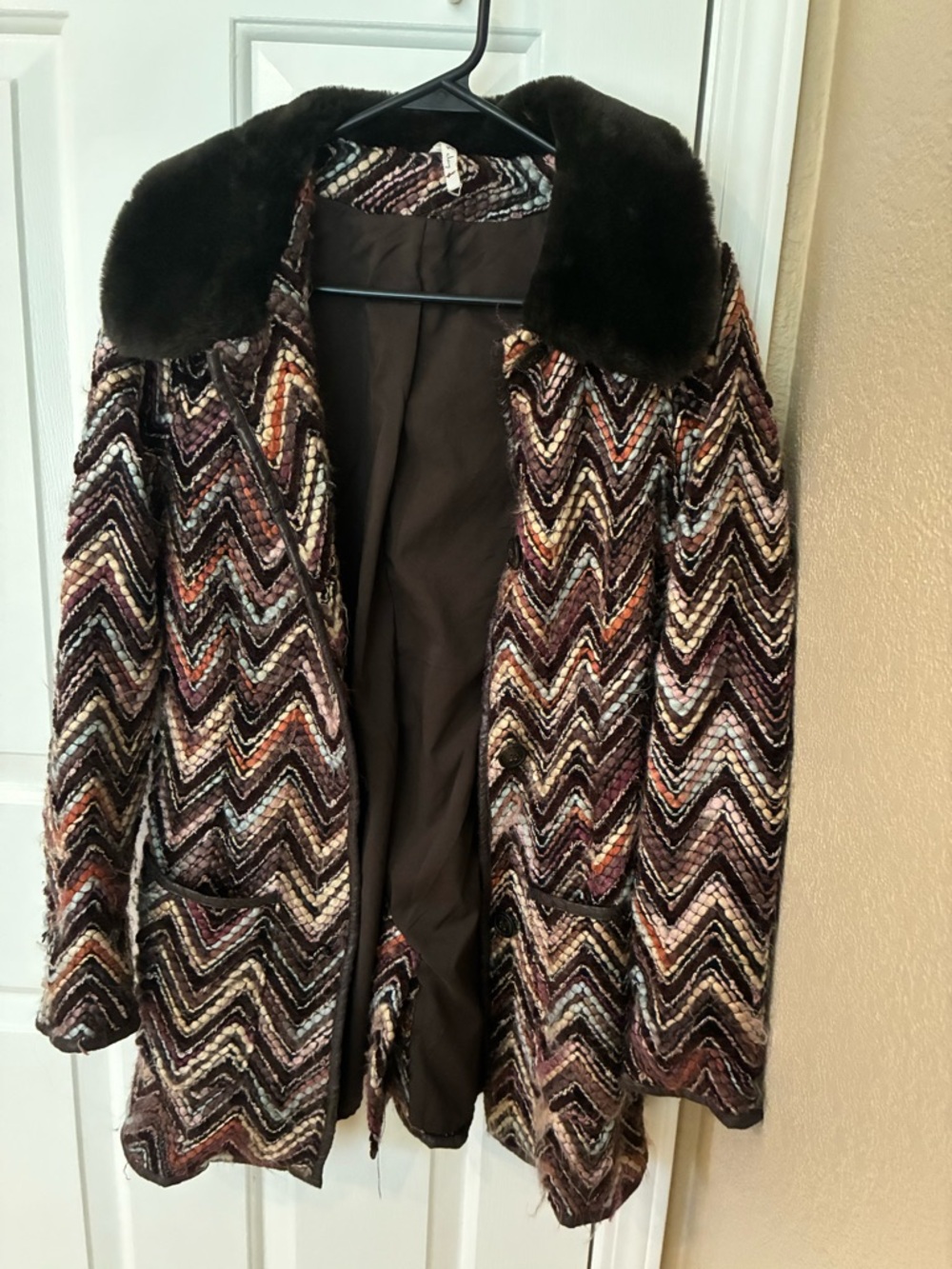 Willow & Clay Brown Multi Chevron Pea Coat with Faux Fur Collar